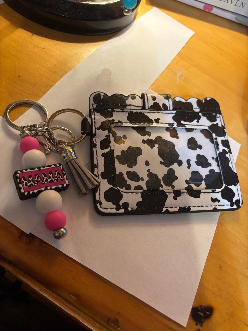 Cow Print Card Holder Keychain with Pink Bead Charm